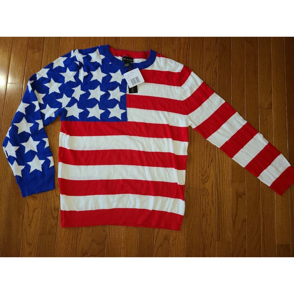 NWT Fourth of July USA Sweater Med Cotton Blue Red White Alex‎ Stevens